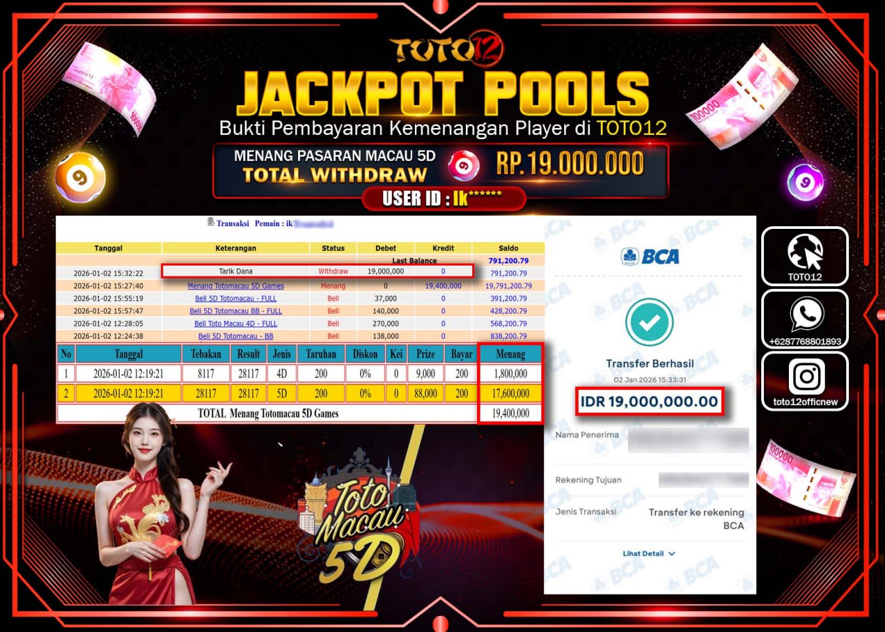 HANYA DI TOTO12 JP PASTI DI BAYAR LUNAS DAN CEPAT!!!!!! JACKPOT POOLS PASARAN (MACAU 5D) Rp.19.000.000 !!!!