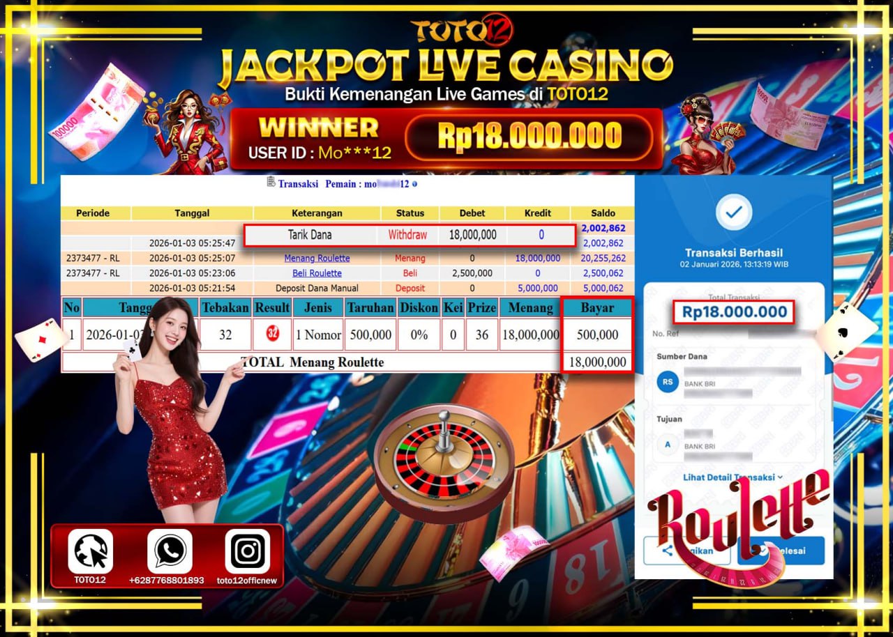 HANYA DI TOTO12 JP PASTI DI BAYAR LUNAS DAN CEPAT!!!!!! JACKPOT LIVE CASINO (ROULETTE) Rp.18.000.000 !!!!