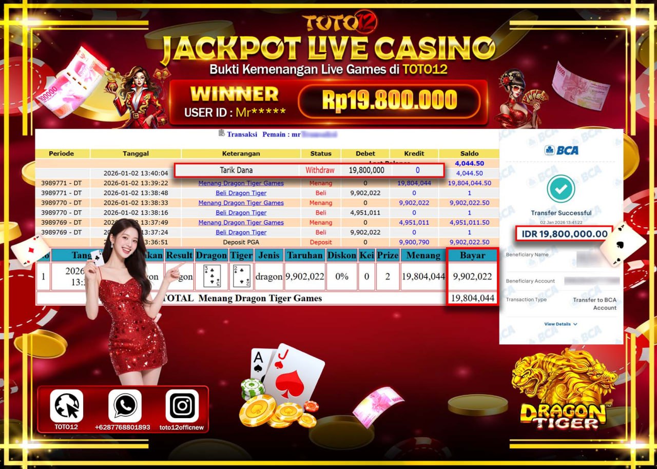 HANYA DI TOTO12 JP PASTI DI BAYAR LUNAS DAN CEPAT!!!!!! JACKPOT LIVE CASINO (DRAGON TIGER) Rp.19.800.000 !!!!