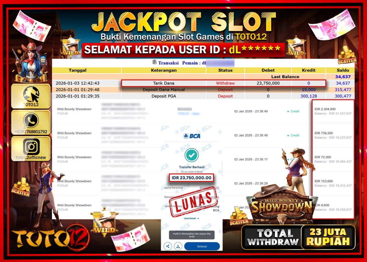HANYA DI TOTO12 JP PASTI DI BAYAR LUNAS DAN CEPAT!!!!!! JACKPOT SLOT GAME (WILD BOUNTY SHOWDOWN) Rp.23.750.000 !!!!