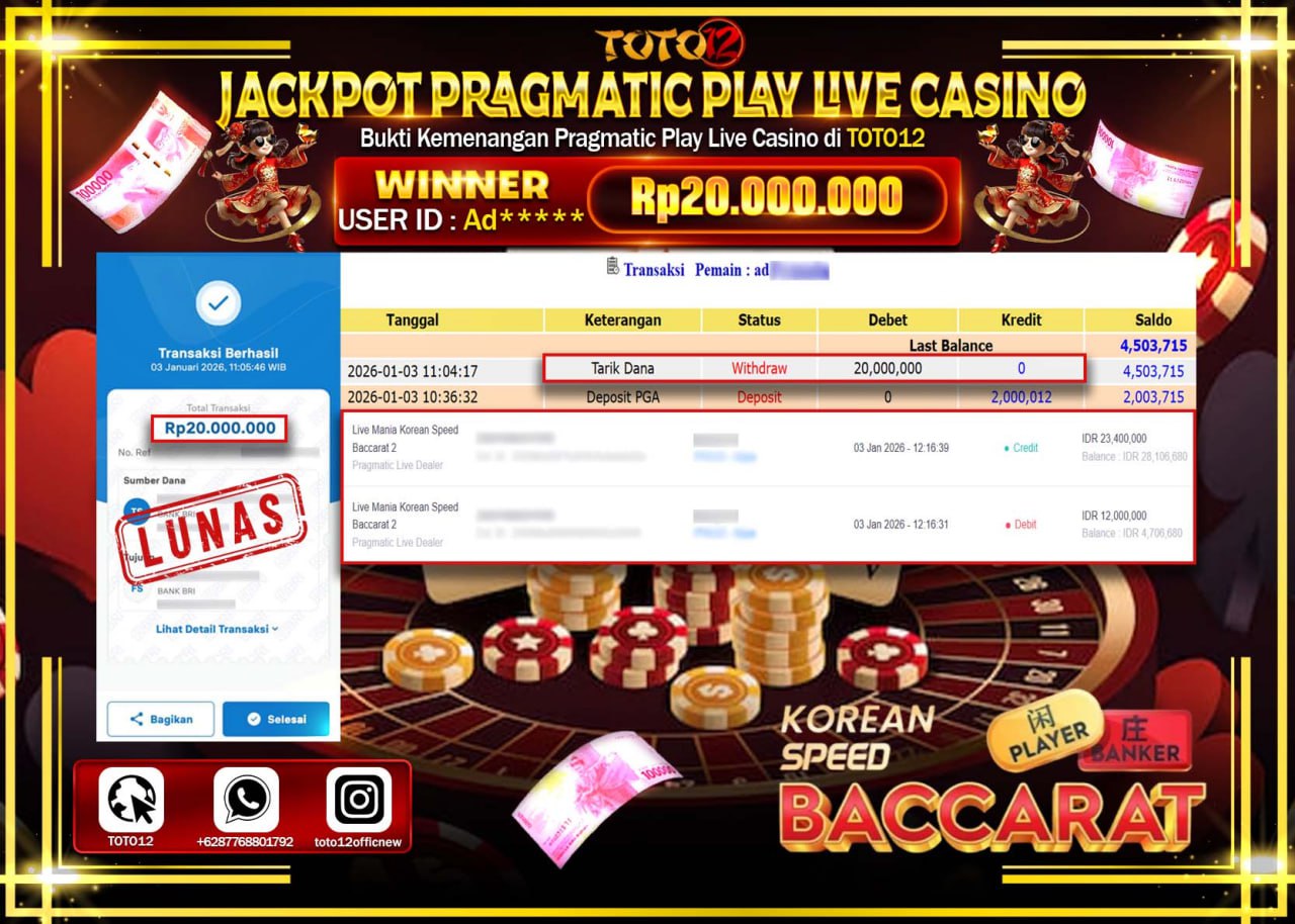 HANYA DI TOTO12 JP PASTI DI BAYAR LUNAS DAN CEPAT!!!!!! JACKPOT PRAGMATIC PLAY LIVE CASINO (KOREAN SPEED BACCARAT 2) Rp.20.000.000 !!!!