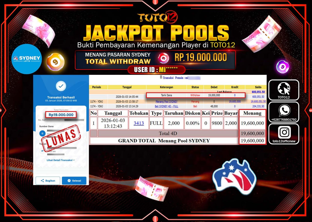 HANYA DI TOTO12 JP PASTI DI BAYAR LUNAS DAN CEPAT!!!!!! JACKPOT POOLS PASARAN (SYDNEY) Rp.19.000.000 !!!!