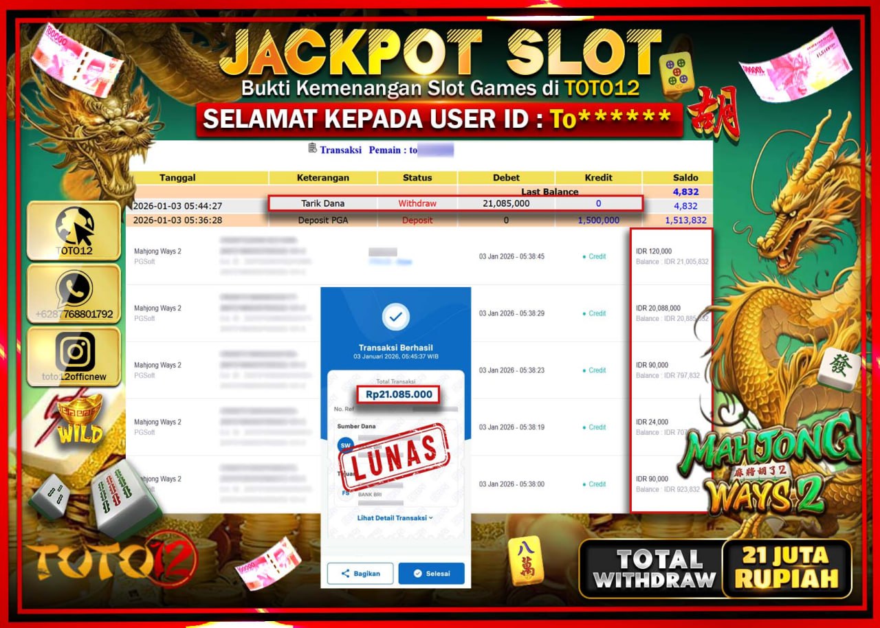 HANYA DI TOTO12 JP PASTI DI BAYAR LUNAS DAN CEPAT!!!!!! JACKPOT SLOT GAME (MAHJONG WAYS 2) Rp.21.085.000 !!!!