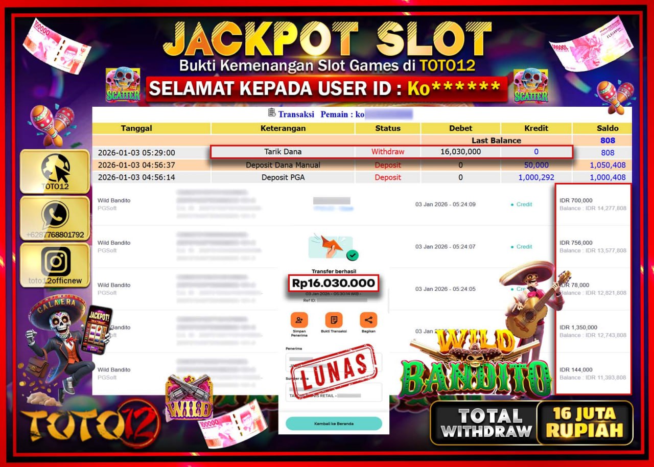 HANYA DI TOTO12 JP PASTI DI BAYAR LUNAS DAN CEPAT!!!!!! JACKPOT SLOT GAME (WILD BANDITO) Rp.16.030.000 !!!!