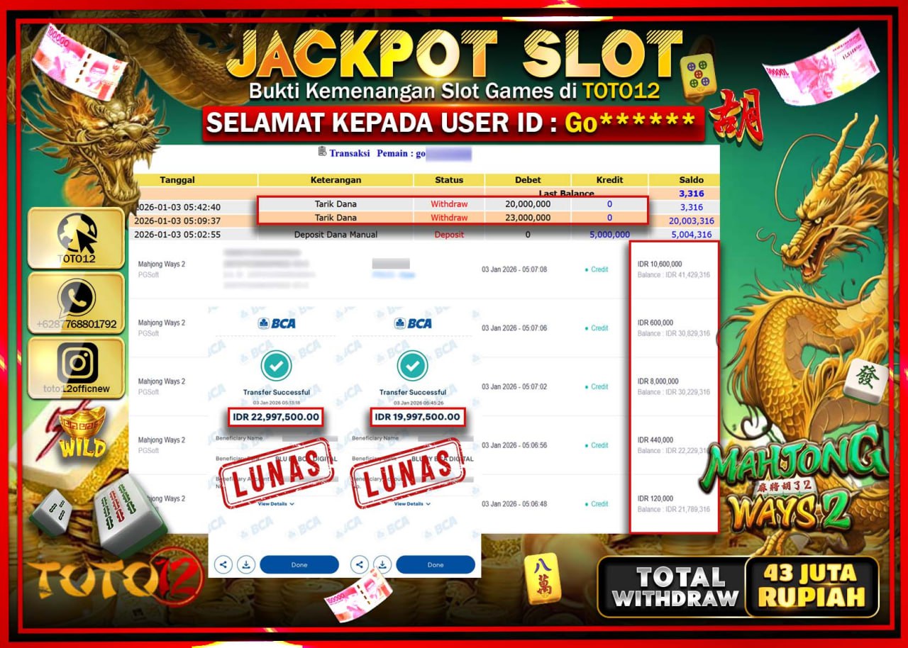 HANYA DI TOTO12 JP PASTI DI BAYAR LUNAS DAN CEPAT!!!!!! JACKPOT SLOT GAME (MAHJONG WAYS 2) Rp.43.000.000 !!!!