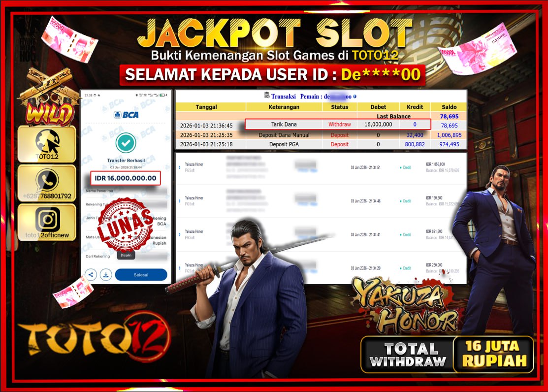 HANYA DI TOTO12 JP PASTI DI BAYAR LUNAS DAN CEPAT!!!!!! JACKPOT SLOT GAME (YAKUZA HONOR) Rp.16.000.000 !!!!