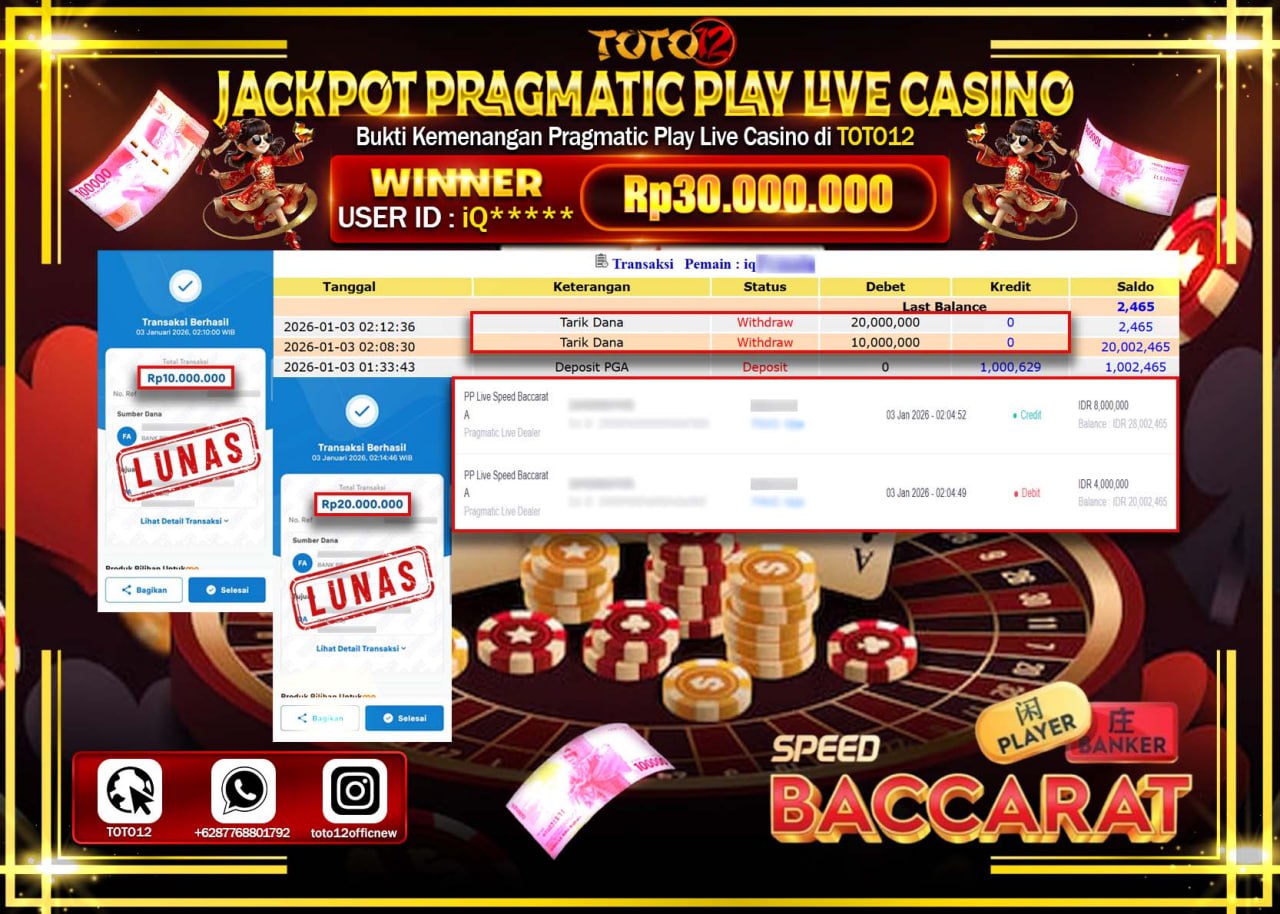 HANYA DI TOTO12 JP PASTI DI BAYAR LUNAS DAN CEPAT!!!!!! JACKPOT PRAGMATIC PLAY LIVE CASINO (SPEED BACCARAT) Rp.30.000.000 !!!!