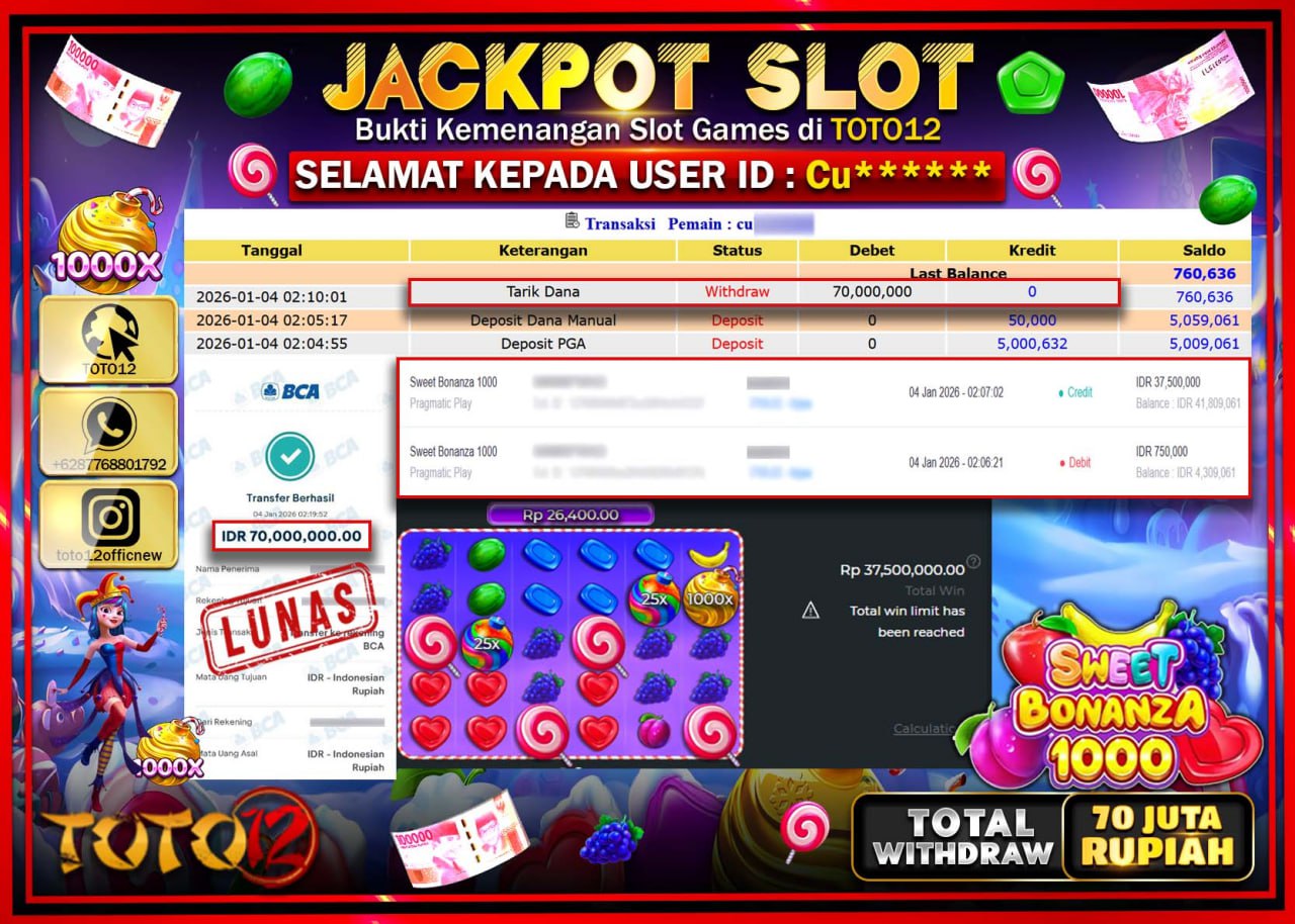 HANYA DI TOTO12 JP PASTI DI BAYAR LUNAS DAN CEPAT!!!!!! JACKPOT SLOT GAME (SWEET BONANZA 1000) Rp.70.000.000 !!!!