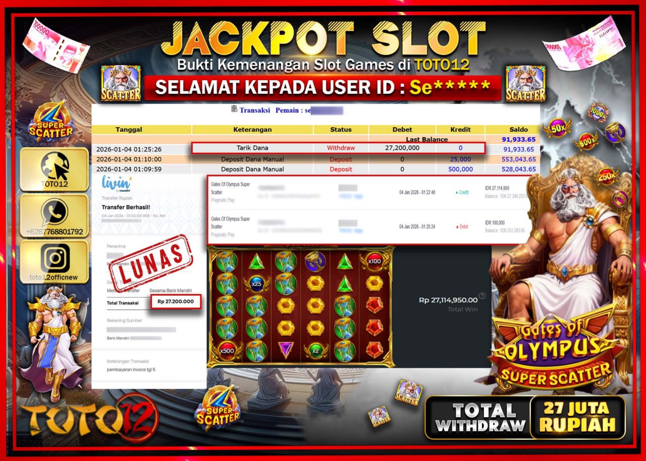 HANYA DI TOTO12 JP PASTI DI BAYAR LUNAS DAN CEPAT!!!!!! JACKPOT SLOT GAME (GATES OF OLYMPUS SUPER SCATTER) Rp.27.200.000 !!!!