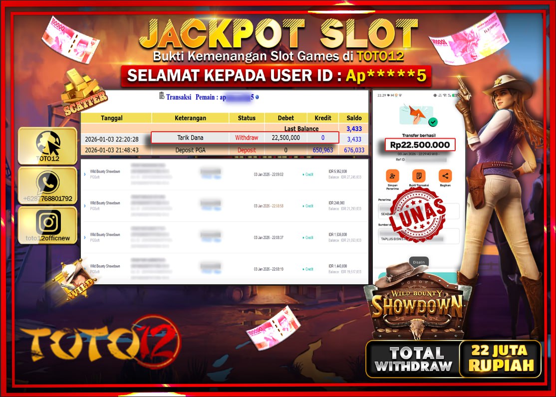HANYA DI TOTO12 JP PASTI DI BAYAR LUNAS DAN CEPAT!!!!!! JACKPOT SLOT GAME (WILD BOUNTY SHOWDOWN) Rp.22.500.000 !!!!