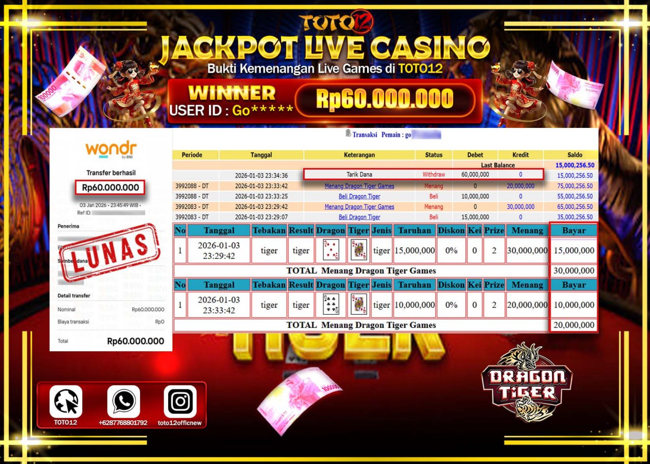 HANYA DI TOTO12 JP PASTI DI BAYAR LUNAS DAN CEPAT!!!!!! JACKPOT LIVE CASINO (DRAGON TIGER) Rp.60.000.000 !!!!