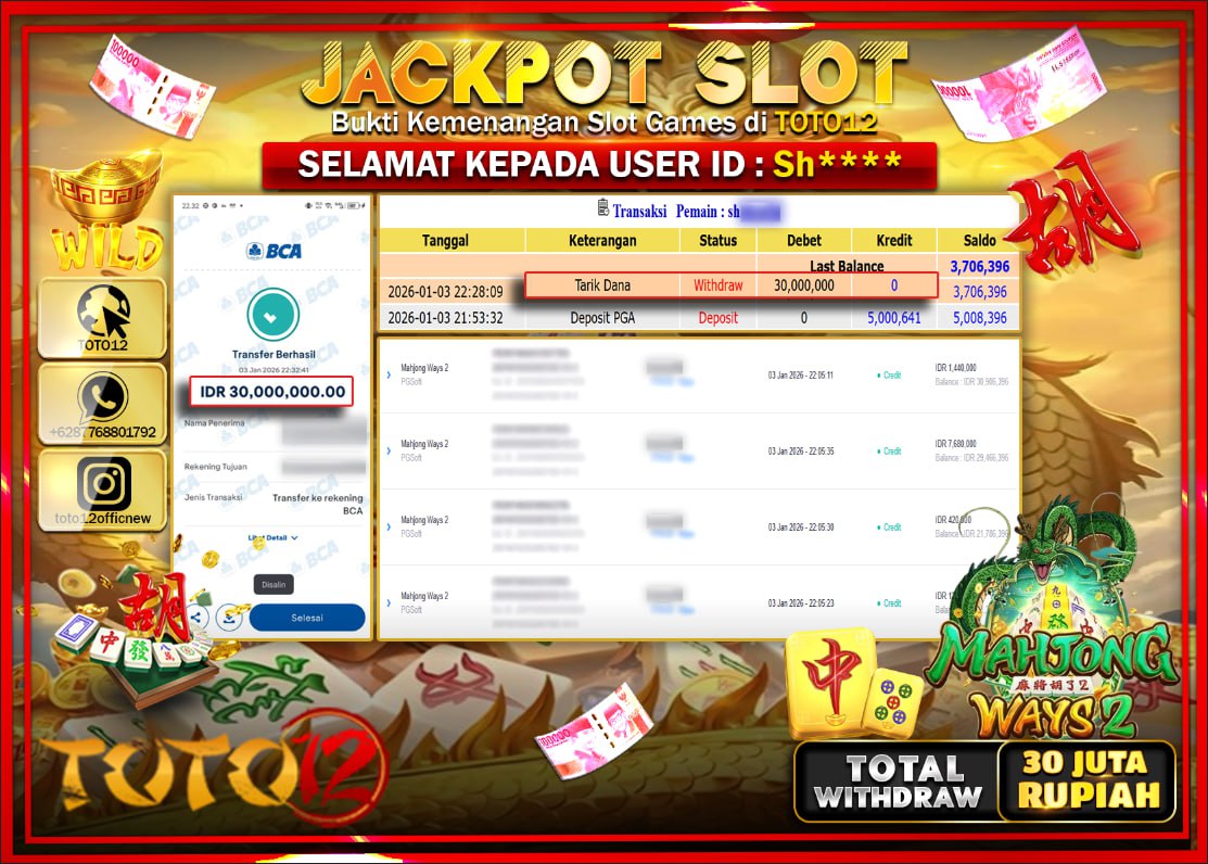 HANYA DI TOTO12 JP PASTI DI BAYAR LUNAS DAN CEPAT!!!!!! JACKPOT SLOT GAME (MAHJONG WAYS 2) Rp.30.000.000 !!!!