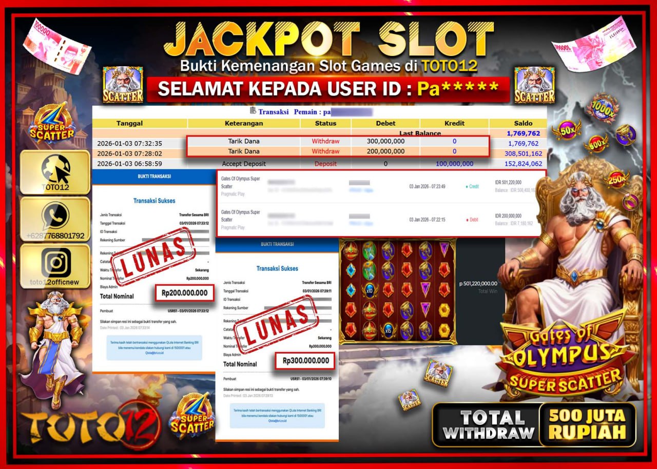 HANYA DI TOTO12 JP PASTI DI BAYAR LUNAS DAN CEPAT!!!!!! JACKPOT SLOT GAME (GATES OF OLYMPUS SUPER SCATTER) Rp.500.000.000 !!!!