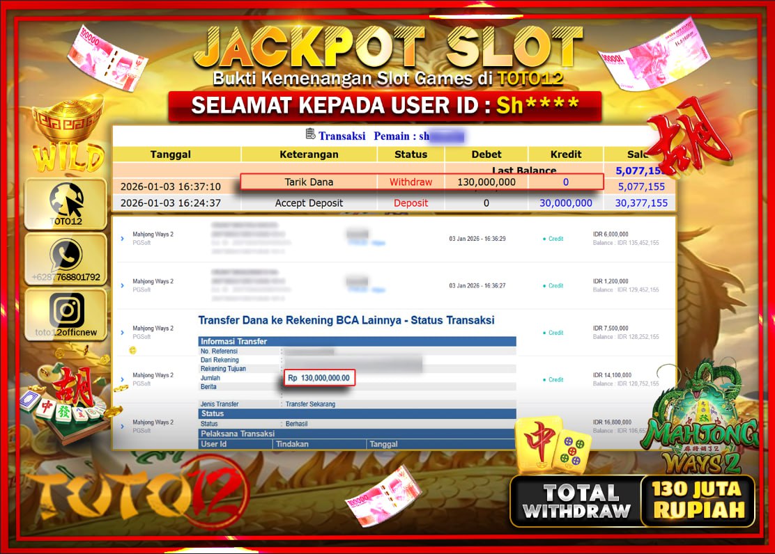 HANYA DI TOTO12 JP PASTI DI BAYAR LUNAS DAN CEPAT!!!!!! JACKPOT SLOT GAME (MAHJONG WAYS 2) Rp.130.000.000 !!!!