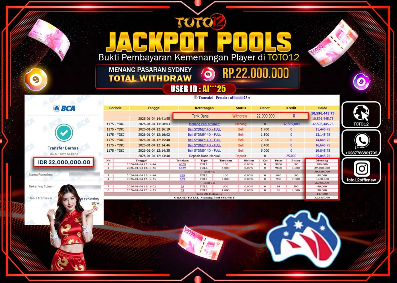 HANYA DI TOTO12 JP PASTI DI BAYAR LUNAS DAN CEPAT!!!!!! JACKPOT POOLS PASARAN (SYDNEY) Rp.22.000.000 !!!!