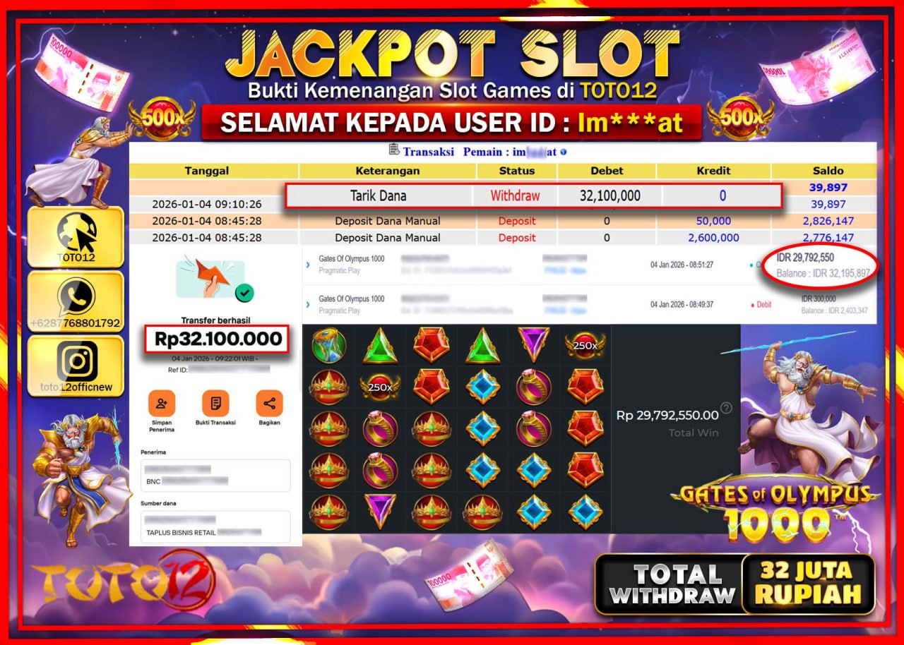 HANYA DI TOTO12 JP PASTI DI BAYAR LUNAS DAN CEPAT!!!!!! JACKPOT SLOT GAME (GATES OF OLYMPUS 1000) Rp.32.100.000 !!!!