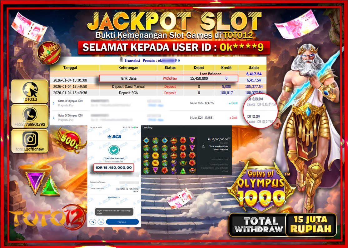 HANYA DI TOTO12 JP PASTI DI BAYAR LUNAS DAN CEPAT!!!!!! JACKPOT SLOT GAME (GATES OF OLYMPUS 1000) Rp.15.450.000 !!!!