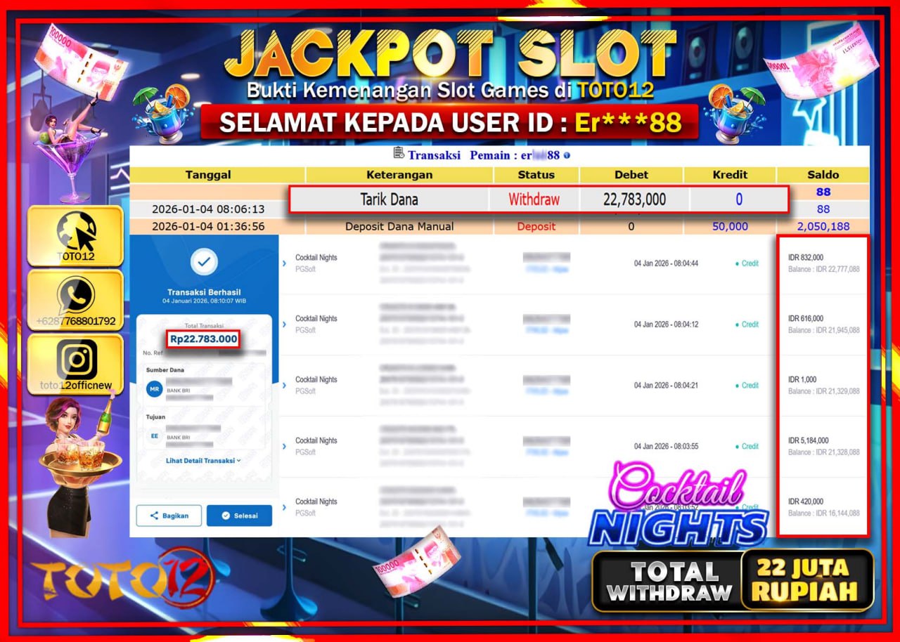 HANYA DI TOTO12 JP PASTI DI BAYAR LUNAS DAN CEPAT!!!!!! JACKPOT SLOT GAME (COCKTAIL NIGHTS) Rp.22.783.000 !!!!