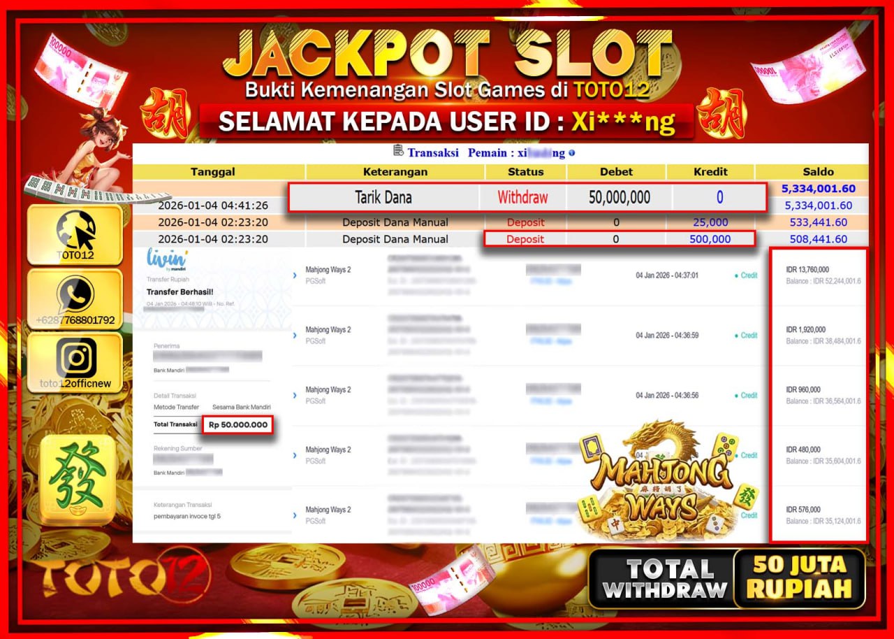 HANYA DI TOTO12 JP PASTI DI BAYAR LUNAS DAN CEPAT!!!!!! JACKPOT SLOT GAME (MAHJONG WAYS) Rp.50.000.000 !!!!