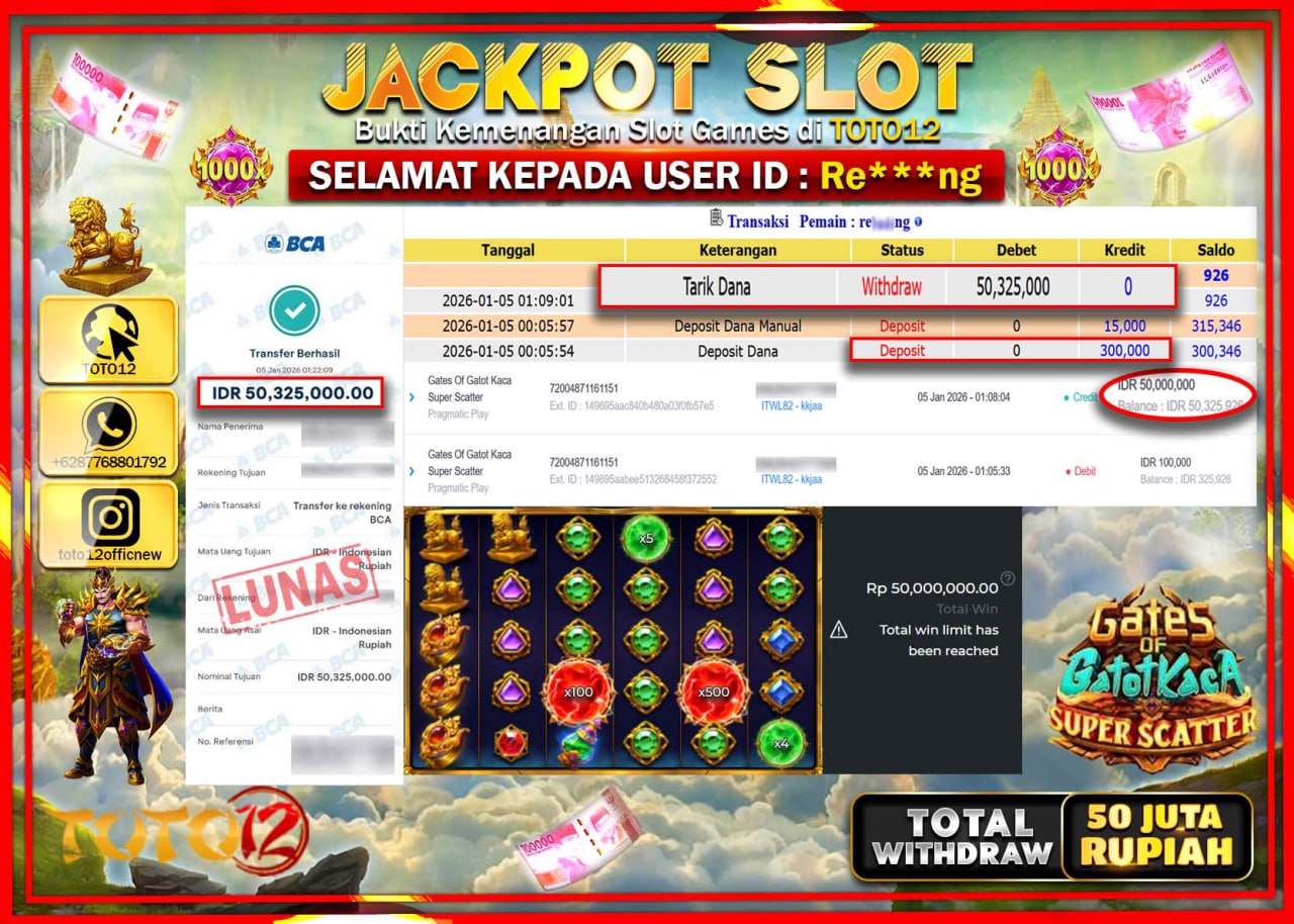 HANYA DI TOTO12 JP PASTI DI BAYAR LUNAS DAN CEPAT!!!!!! JACKPOT SLOT GAME (GATES OF GATOT KACA SUPER SCATTER) Rp.50.325.000 !!!!