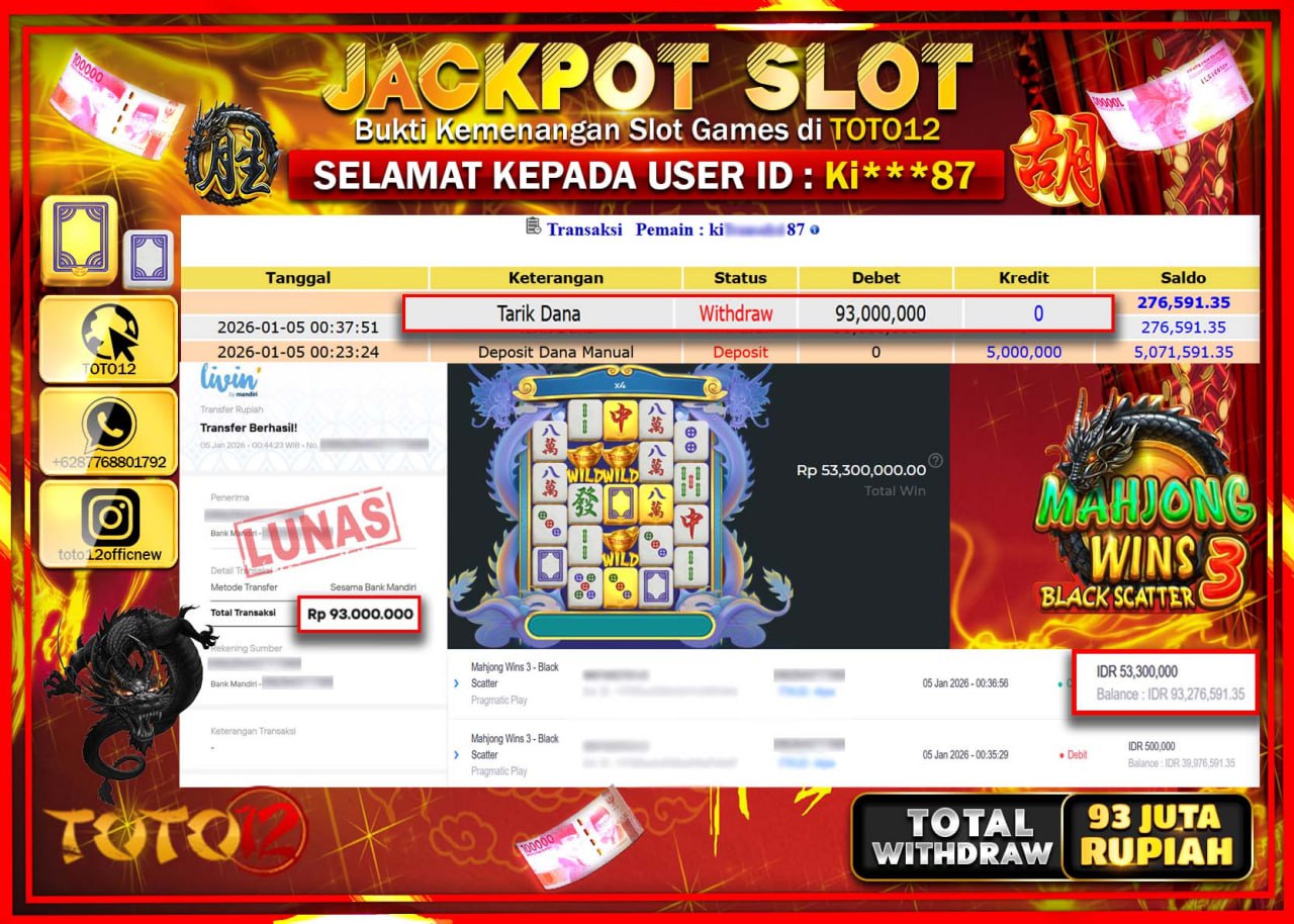 HANYA DI TOTO12 JP PASTI DI BAYAR LUNAS DAN CEPAT!!!!!! JACKPOT SLOT GAME (MAHJONG WINS 3 BLACK SCATTER) Rp.93.000.000 !!!!