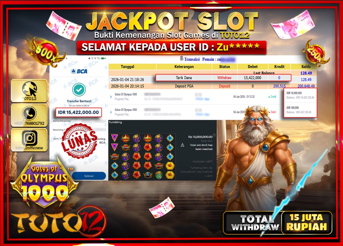 HANYA DI TOTO12 JP PASTI DI BAYAR LUNAS DAN CEPAT!!!!!! JACKPOT SLOT GAME (GATES OF OLYMPUS 1000) Rp.15.422.000 !!!!