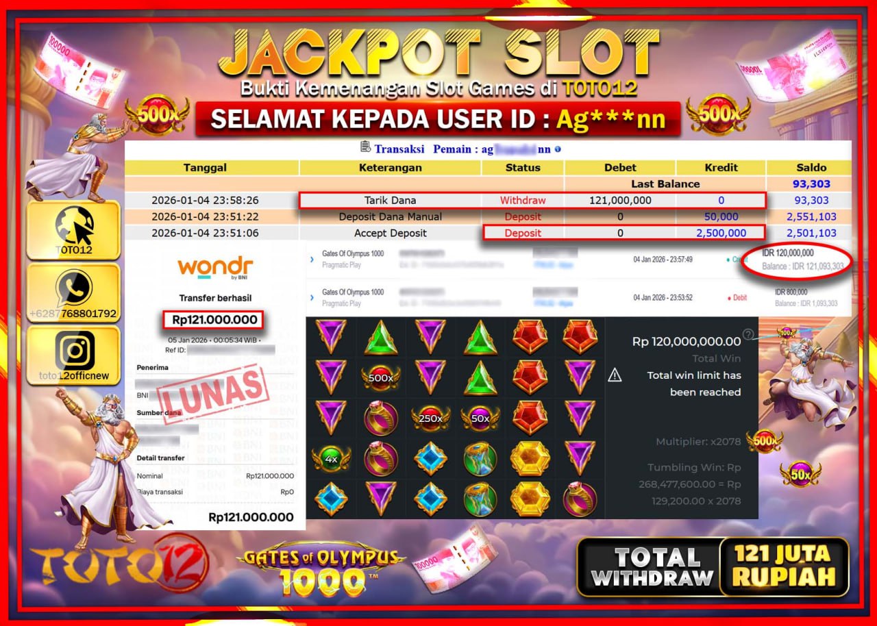 HANYA DI TOTO12 JP PASTI DI BAYAR LUNAS DAN CEPAT!!!!!! JACKPOT SLOT GAME (GATES OF OLYMPUS 1000) Rp.121.000.000 !!!!