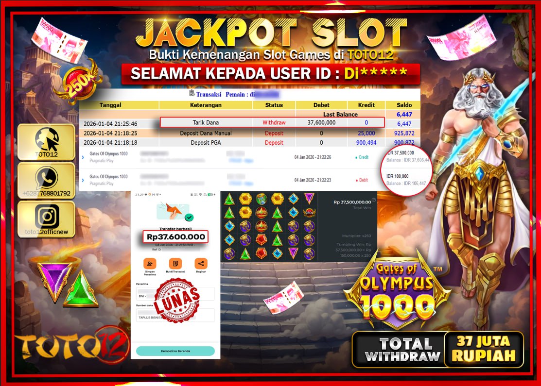 HANYA DI TOTO12 JP PASTI DI BAYAR LUNAS DAN CEPAT!!!!!! JACKPOT SLOT GAME (GATES OF OLYMPUS 1000) Rp.37.600.000 !!!!