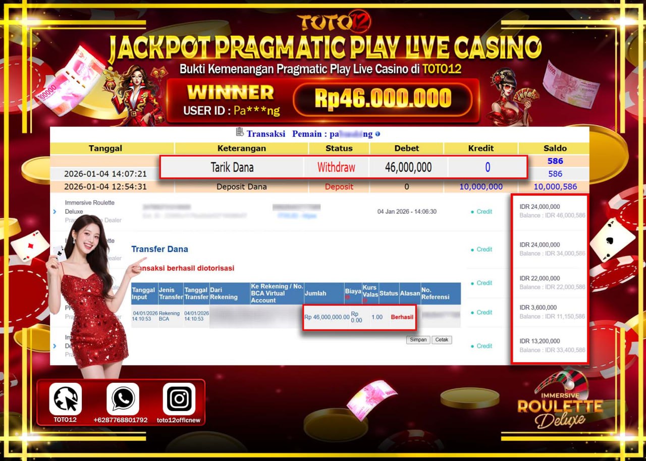 HANYA DI TOTO12 JP PASTI DI BAYAR LUNAS DAN CEPAT!!!!!! JACKPOT PRAGMATIC PLAY LIVE CASINO (ROULETTE) Rp.46.000.000 !!!!