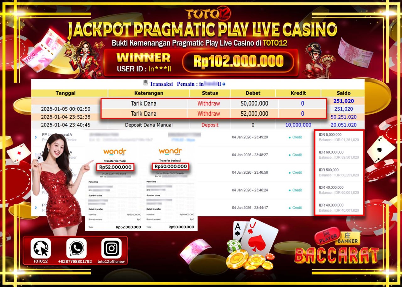 HANYA DI TOTO12 JP PASTI DI BAYAR LUNAS DAN CEPAT!!!!!! JACKPOT PRAGMATIC PLAY LIVE CASINO (BACCARAT) Rp.102.000.000 !!!!