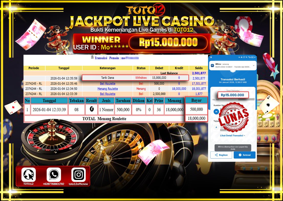 HANYA DI TOTO12 JP PASTI DI BAYAR LUNAS DAN CEPAT!!!!!! JACKPOT LIVE CASINO (ROULETTE) Rp.15.000.000 !!!!