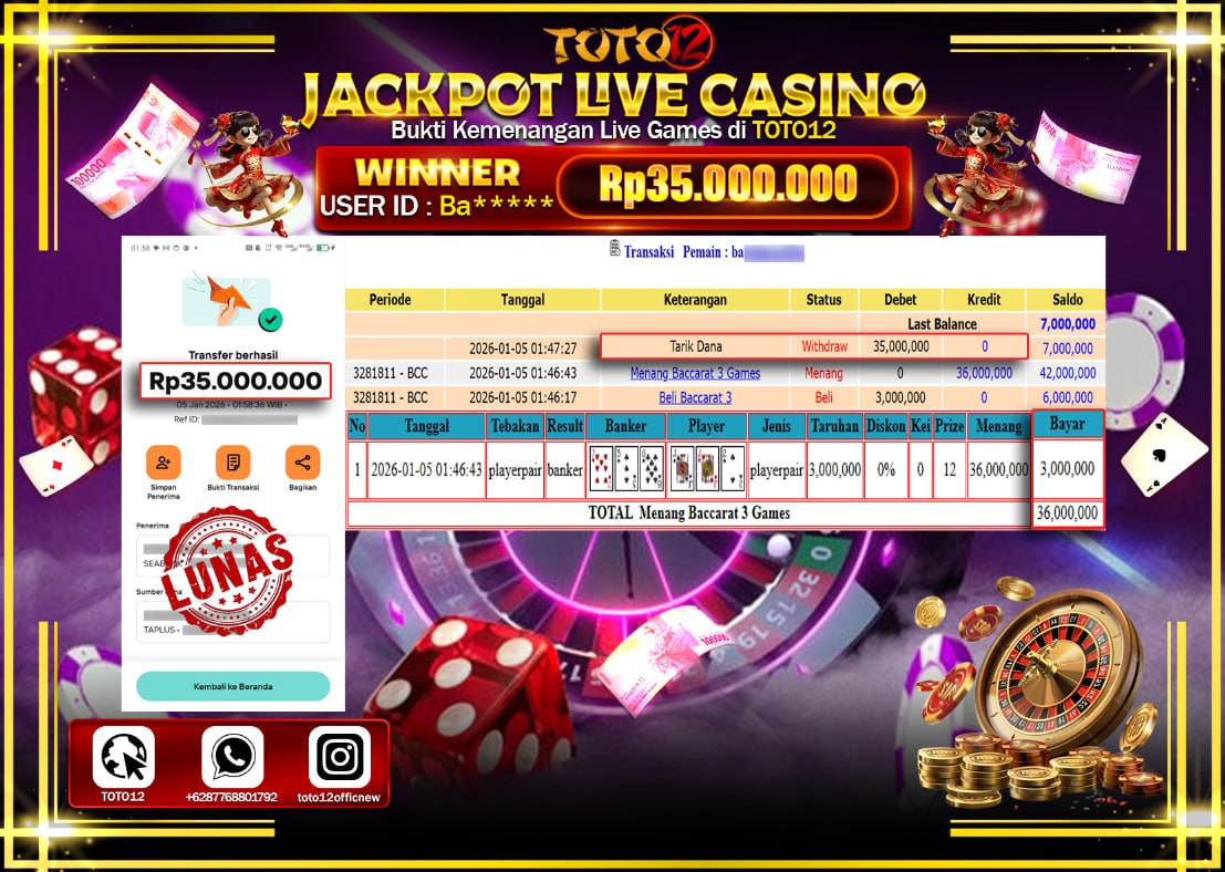 HANYA DI TOTO12 JP PASTI DI BAYAR LUNAS DAN CEPAT!!!!!! JACKPOT LIVE CASINO (BACCARAT 3) Rp.35.000.000 !!!!