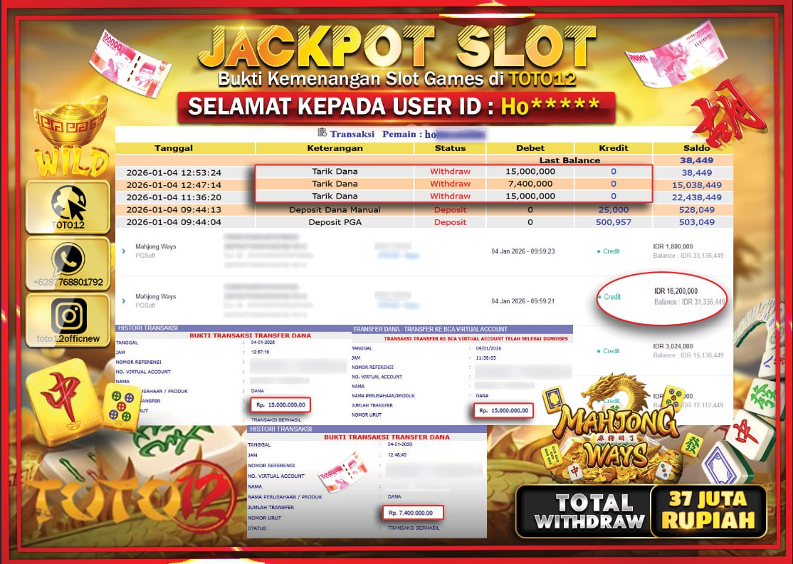 HANYA DI TOTO12 JP PASTI DI BAYAR LUNAS DAN CEPAT!!!!!! JACKPOT SLOT GAME (MAHJONG WAYS) Rp.37.400.000 !!!!