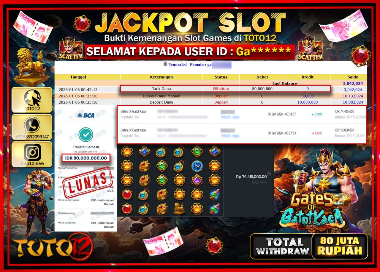 HANYA DI TOTO12 JP PASTI DI BAYAR LUNAS DAN CEPAT!!!!!! JACKPOT SLOT GAME (GATES OF GATOT KACA) Rp.80.000.000 !!!!