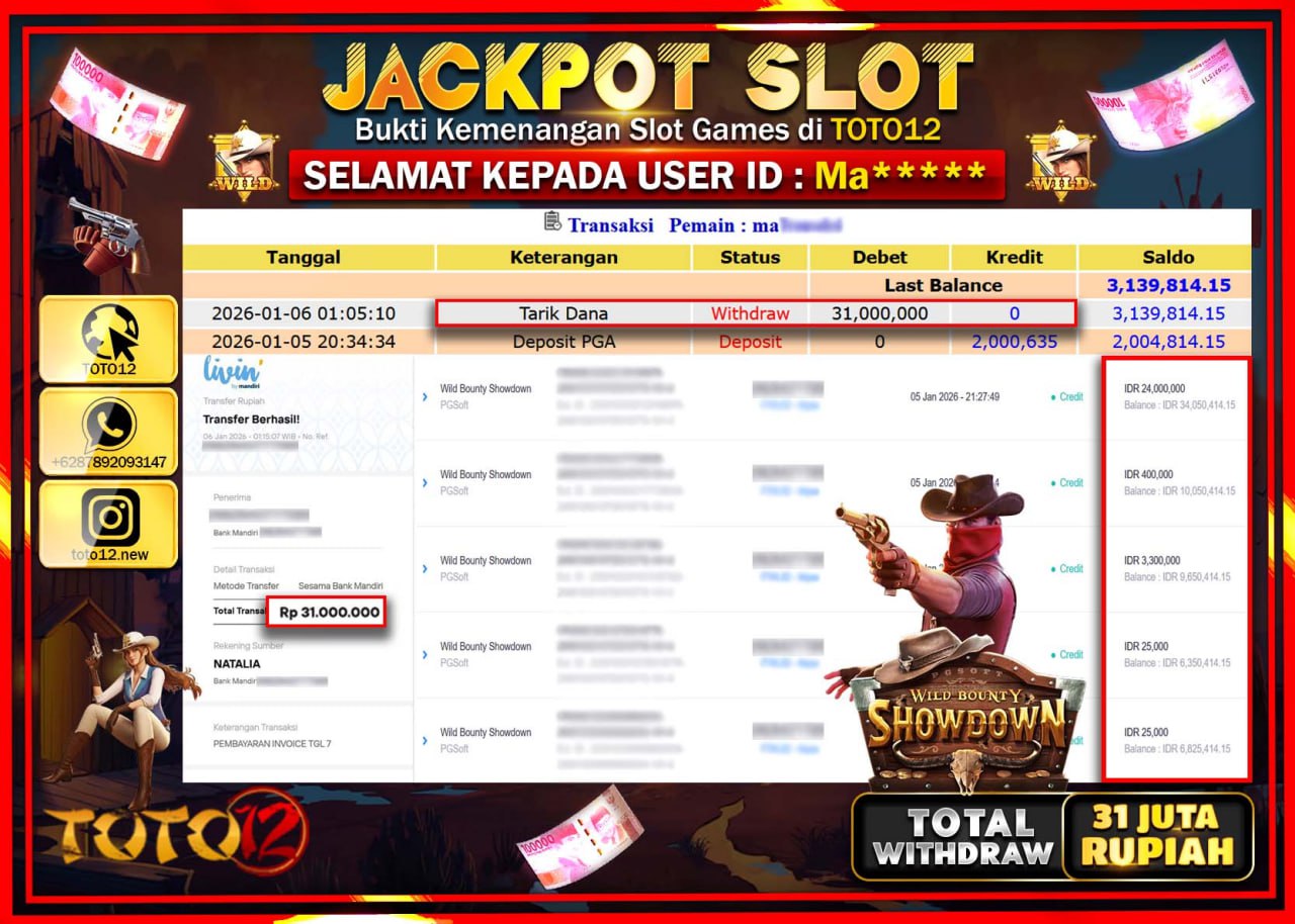 HANYA DI TOTO12 JP PASTI DI BAYAR LUNAS DAN CEPAT!!!!!! JACKPOT SLOT GAME (WILD BOUNTY SHOWDOWN) Rp.31.000.000 !!!!