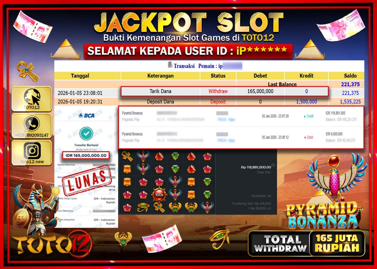 HANYA DI TOTO12 JP PASTI DI BAYAR LUNAS DAN CEPAT!!!!!! JACKPOT SLOT GAME (PYRAMID BONANZA) Rp.165.000.000 !!!!