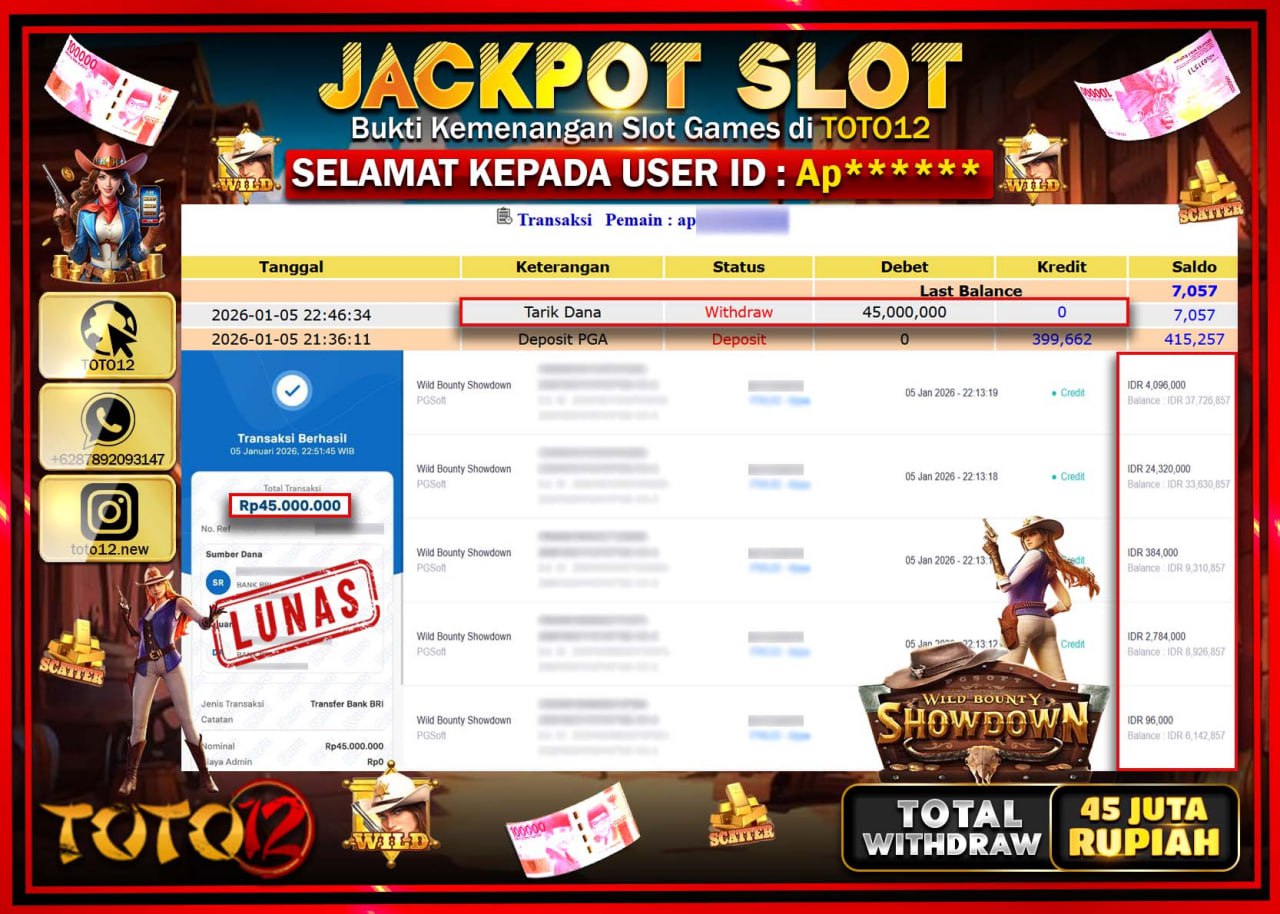 HANYA DI TOTO12 JP PASTI DI BAYAR LUNAS DAN CEPAT!!!!!! JACKPOT SLOT GAME (WILD BOUNTY SHOWDOWN) Rp.45.000.000 !!!!