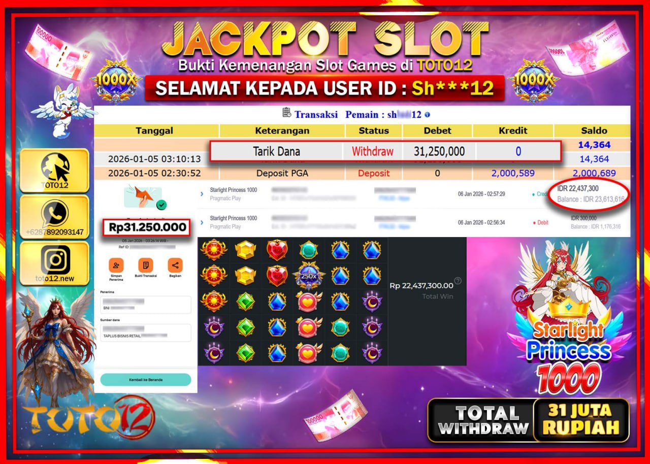 HANYA DI TOTO12 JP PASTI DI BAYAR LUNAS DAN CEPAT!!!!!! JACKPOT SLOT GAME (STARLIGHT PRINCESS 1000) Rp.31.250.000 !!!!