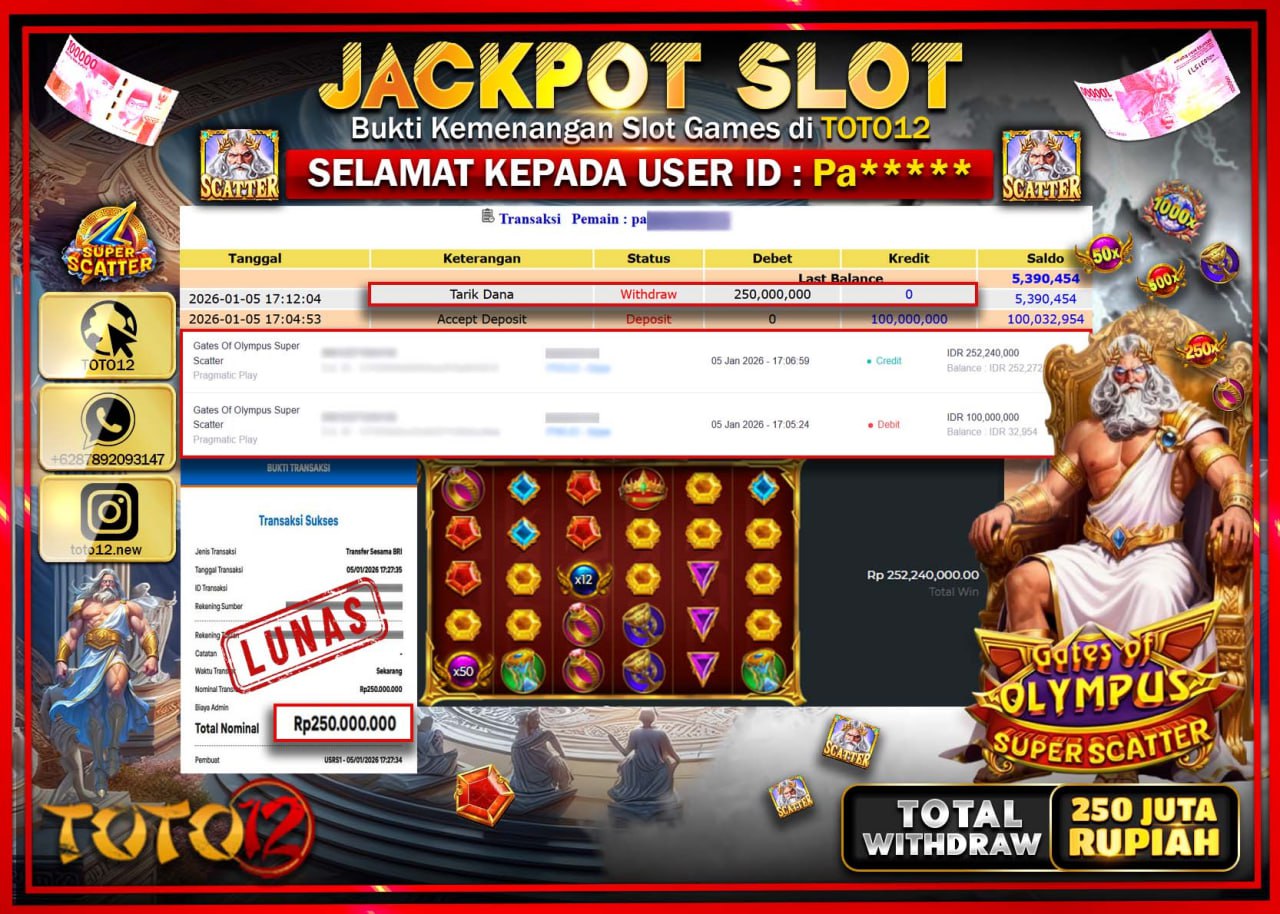 HANYA DI TOTO12 JP PASTI DI BAYAR LUNAS DAN CEPAT!!!!!! JACKPOT SLOT GAME (GATES OF OLYMPUS SUPER SCATTER) Rp.250.000.000 !!!!
