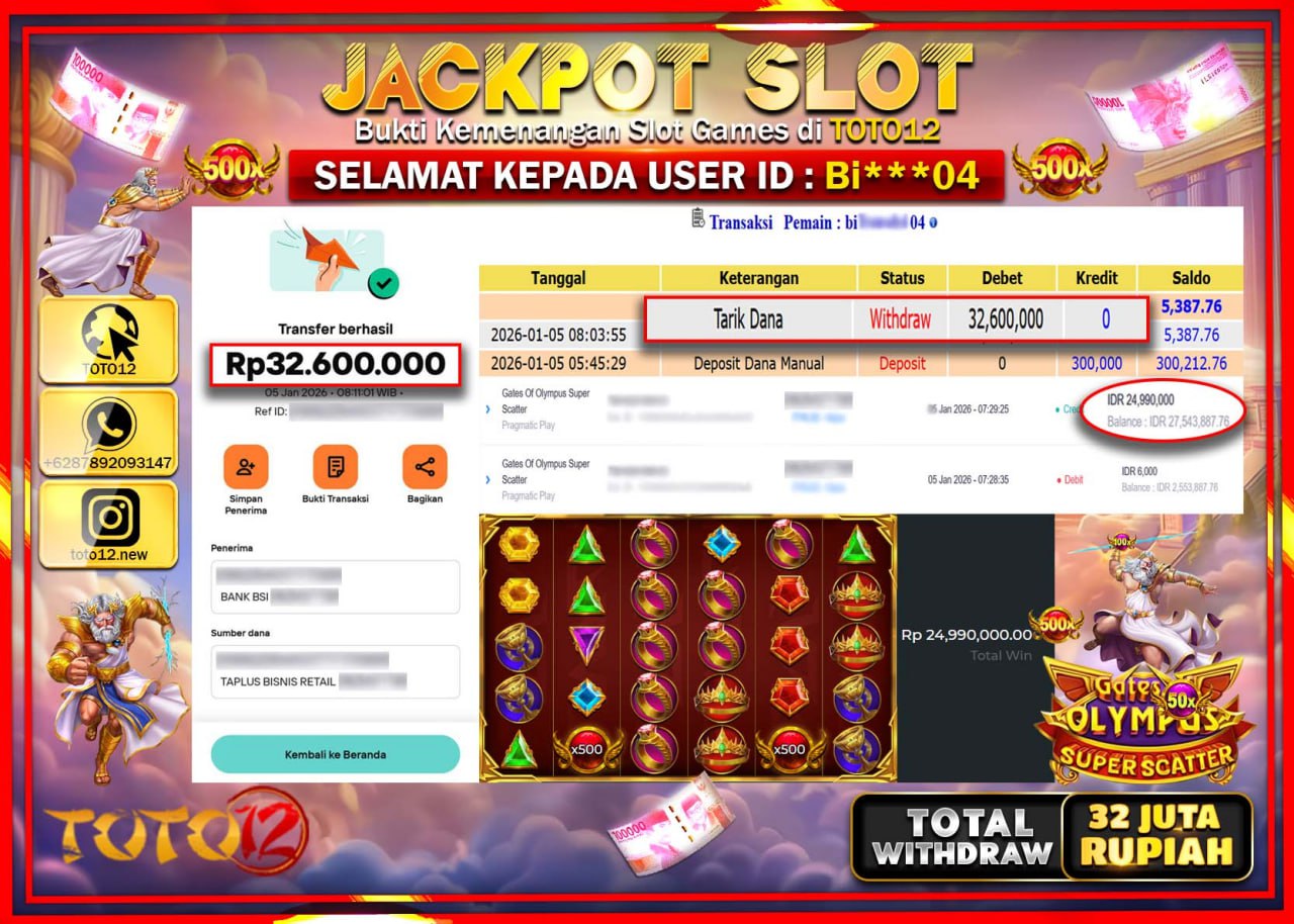 HANYA DI TOTO12 JP PASTI DI BAYAR LUNAS DAN CEPAT!!!!!! JACKPOT SLOT GAME (GATES OF OLYMPUS SUPER SCATTER) Rp.32.600.000 !!!!