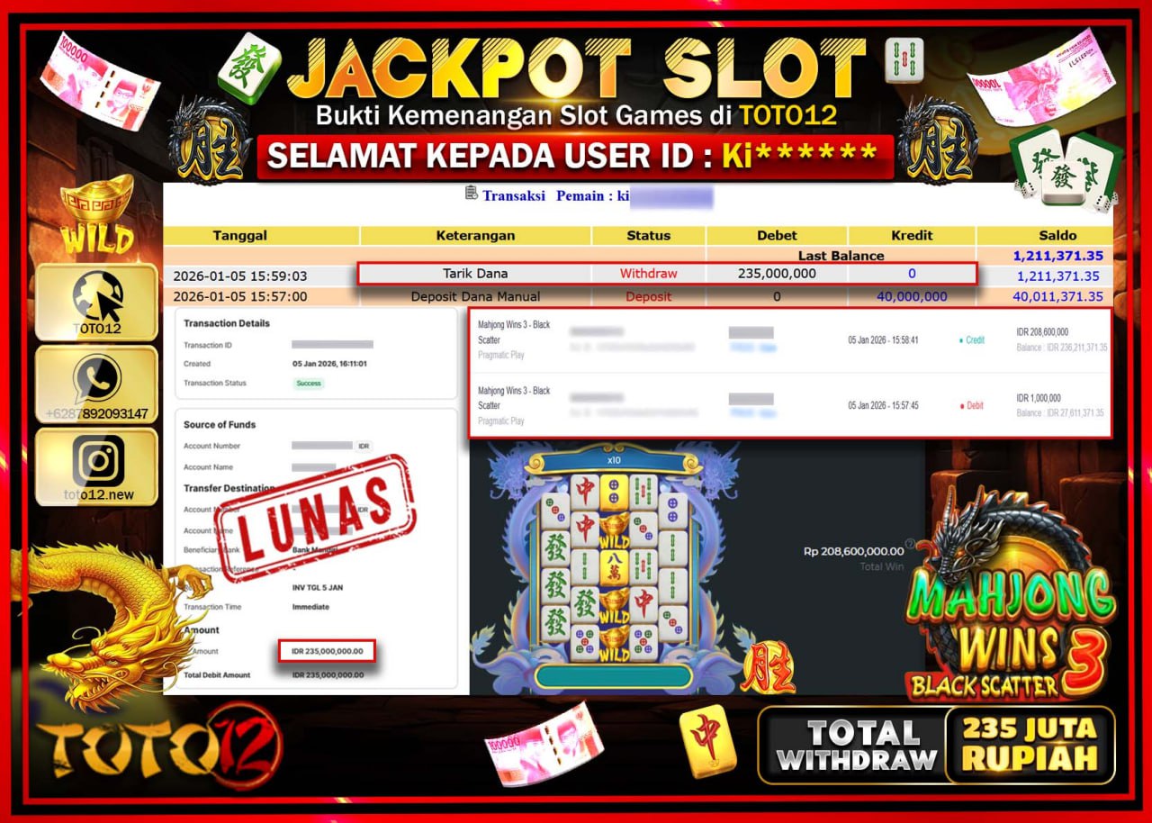HANYA DI TOTO12 JP PASTI DI BAYAR LUNAS DAN CEPAT!!!!!! JACKPOT SLOT GAME (MAHJONG WINS 3 BLACK SCATTER) Rp.235.000.000 !!!!