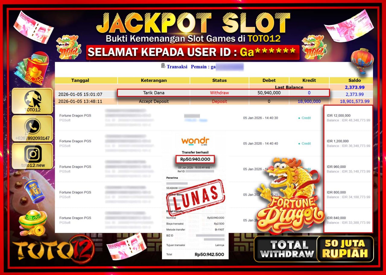 HANYA DI TOTO12 JP PASTI DI BAYAR LUNAS DAN CEPAT!!!!!! JACKPOT SLOT GAME (FORTUNE DRAGON) Rp.50.940.000 !!!!