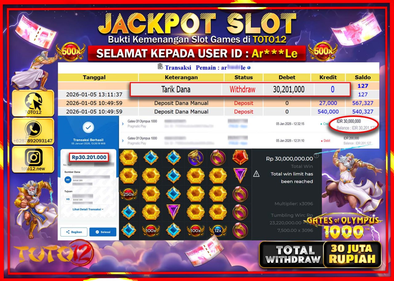 HANYA DI TOTO12 JP PASTI DI BAYAR LUNAS DAN CEPAT!!!!!! JACKPOT SLOT GAME (GATES OF OLYMPUS 1000) Rp.30.201.000 !!!!