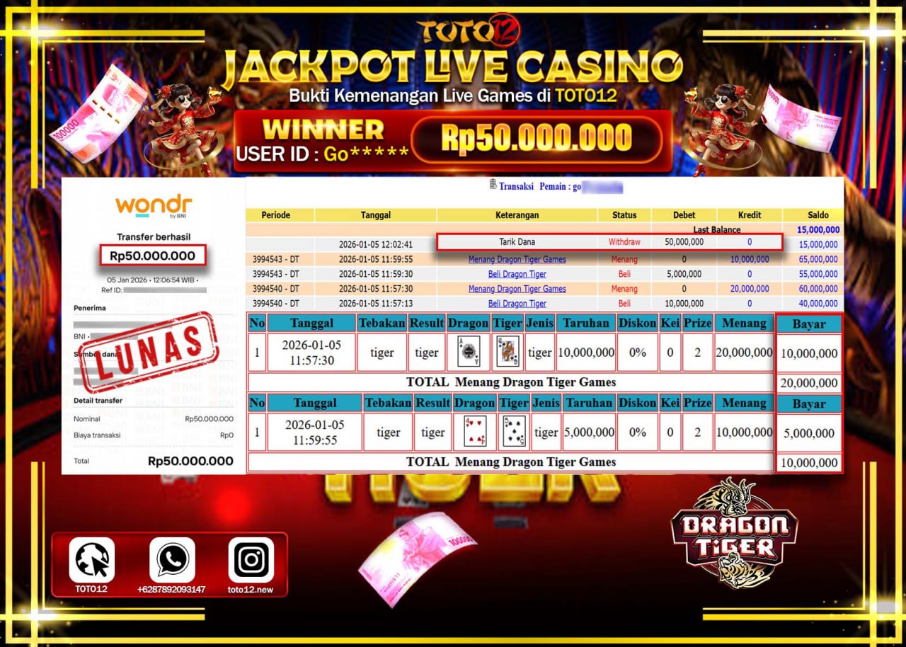 HANYA DI TOTO12 JP PASTI DI BAYAR LUNAS DAN CEPAT!!!!!! JACKPOT LIVE CASINO (DRAGON TIGER) Rp.50.000.000 !!!!