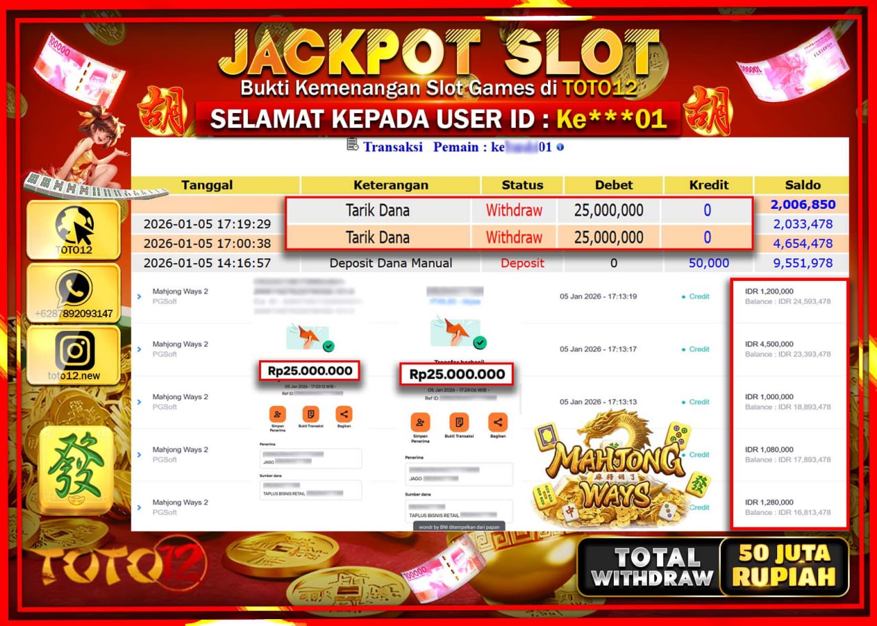 HANYA DI TOTO12 JP PASTI DI BAYAR LUNAS DAN CEPAT!!!!!! JACKPOT SLOT GAME (MAHJONG WAYS) Rp.50.000.000 !!!!