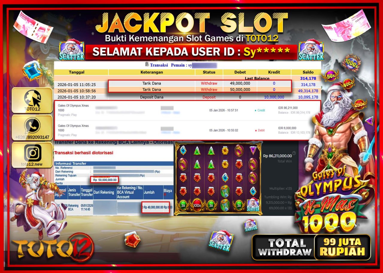 HANYA DI TOTO12 JP PASTI DI BAYAR LUNAS DAN CEPAT!!!!!! JACKPOT SLOT GAME (GATES OF OLYMPUS XMAS 1000) Rp.99.000.000 !!!!