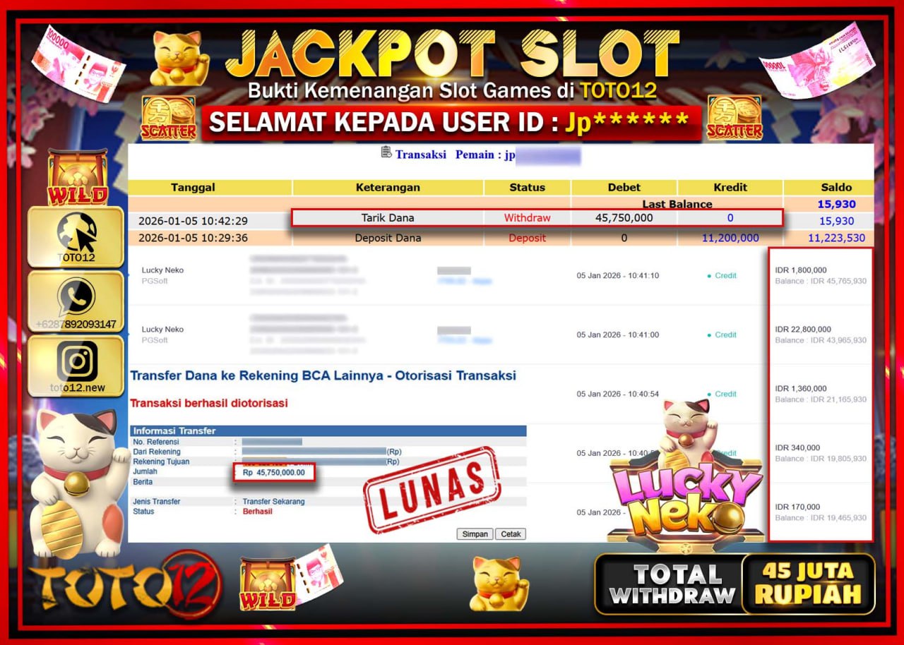 HANYA DI TOTO12 JP PASTI DI BAYAR LUNAS DAN CEPAT!!!!!! JACKPOT SLOT GAME (LUCKY NEKO) Rp.45.750.000 !!!!