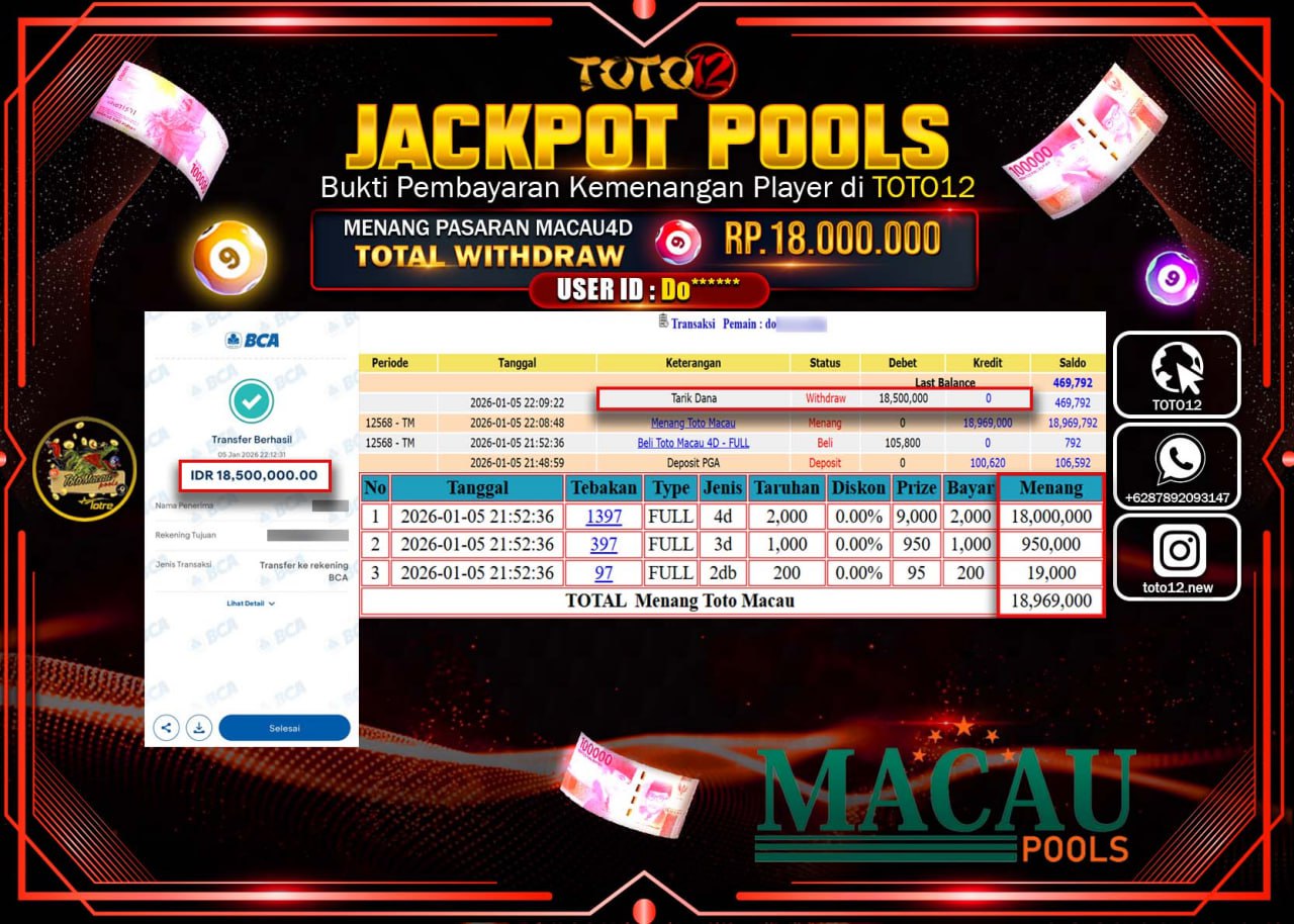 HANYA DI TOTO12 JP PASTI DI BAYAR LUNAS DAN CEPAT!!!!!! JACKPOT POOLS PASARAN (MACAU 4D) Rp.18.000.000 !!!!