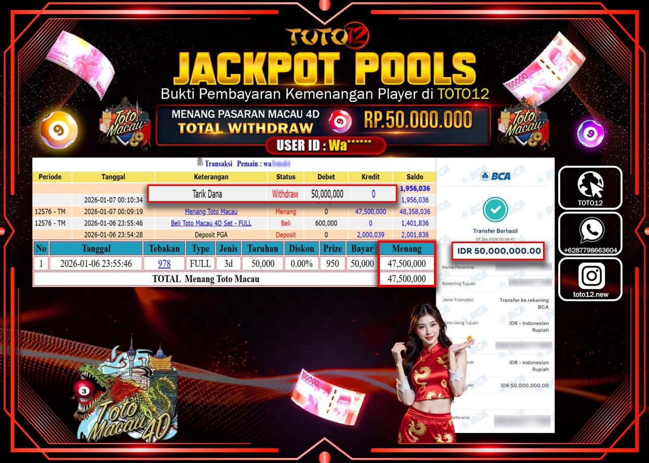 HANYA DI TOTO12 JP PASTI DI BAYAR LUNAS DAN CEPAT!!!!!! JACKPOT POOLS PASARAN (MACAU 4D) Rp.50.000.000 !!!!