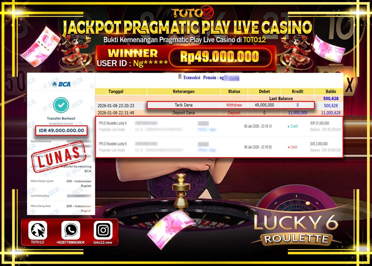 HANYA DI TOTO12 JP PASTI DI BAYAR LUNAS DAN CEPAT!!!!!! JACKPOT PRAGMATIC PLAY LIVE CASINO (ROULETTE LUCKY 6) Rp.49.000.000 !!!!